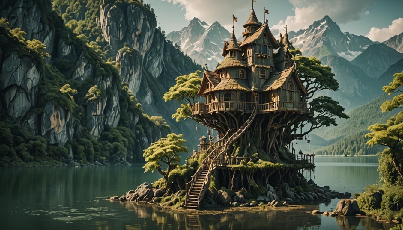 Enchanting Fairy Treehouse on Island, Cinematic Still