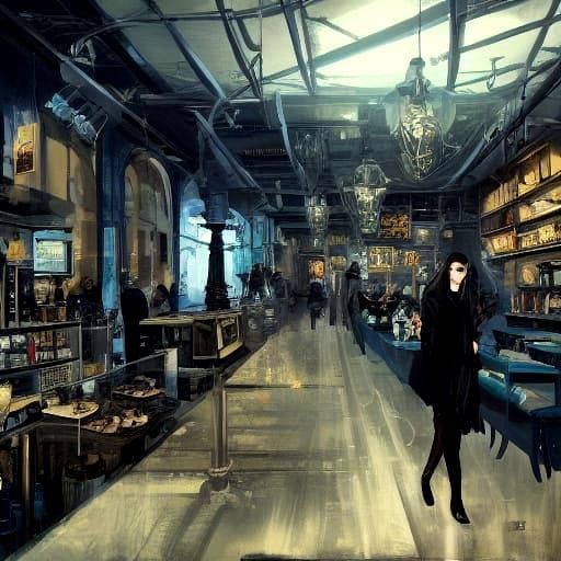Goth Fashion Model in Cyberpunk Coffee Shop