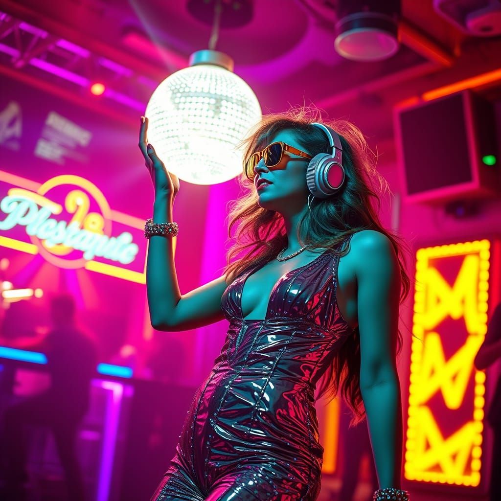 Disco Singer Dancing in Neon Nightclub: Retro-Futuristic Sty...
