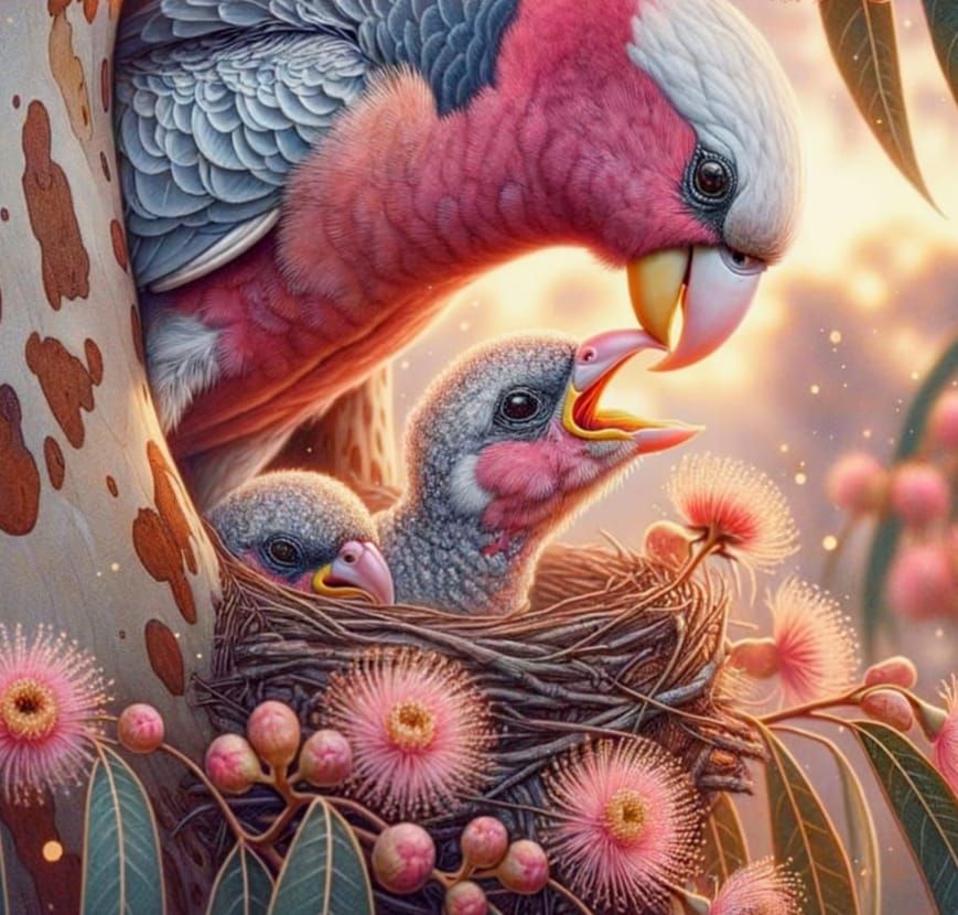 Pink Galahs Feeding Offspring: Watercolor Pencil Art