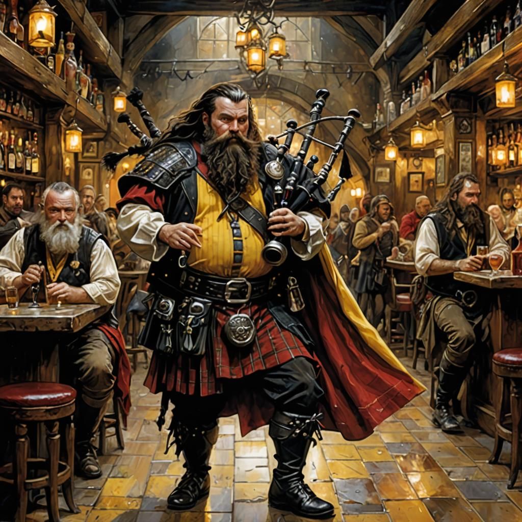 Dwarf Bagpiper Portrait in Ornate Fantasy Bar