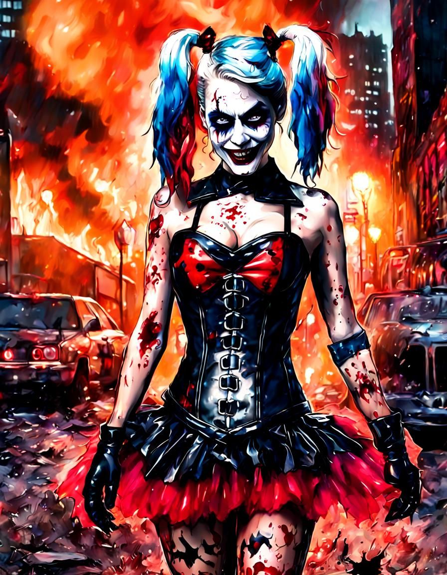 Zombie Harley Quinn in Burning Gotham, Graffiti Art