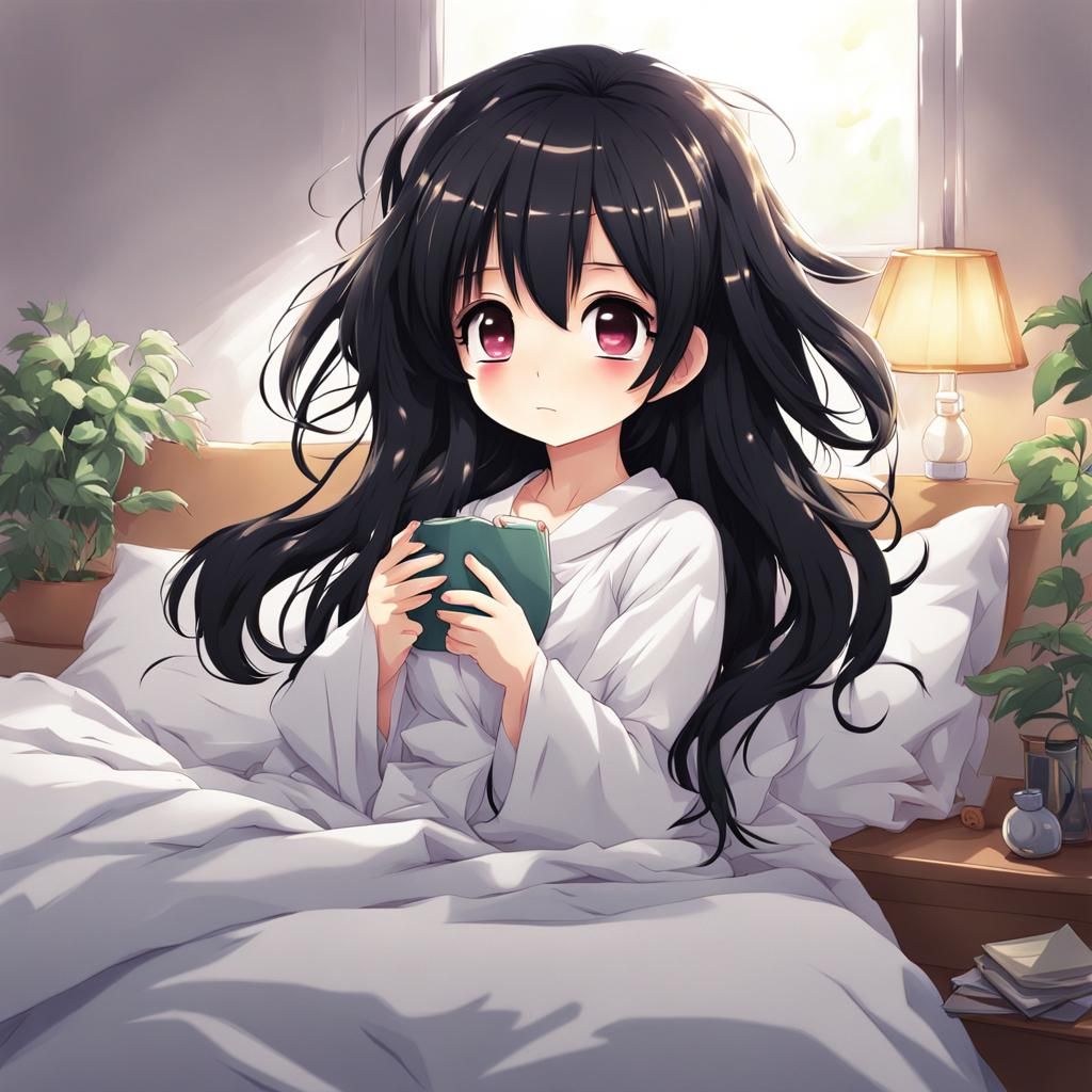 Chibi Black Hair Girl Waking Up in Anime Style