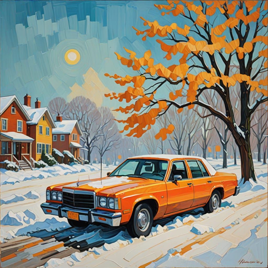 Vibrant Tow Truck Rescues Stranded Car in Winter Wonderland