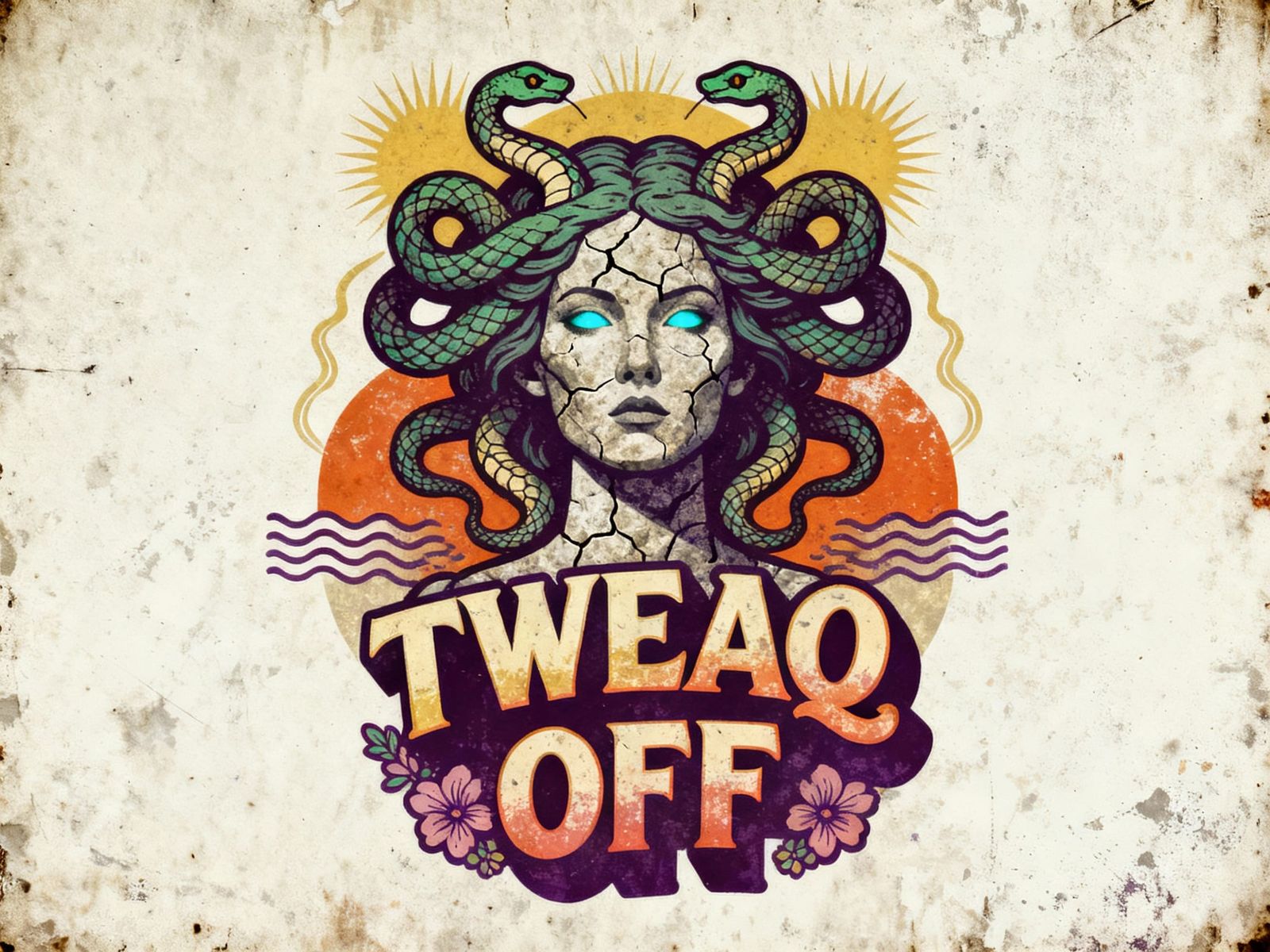 Retro Stone Woman with Glowing Eyes and Snake Hair