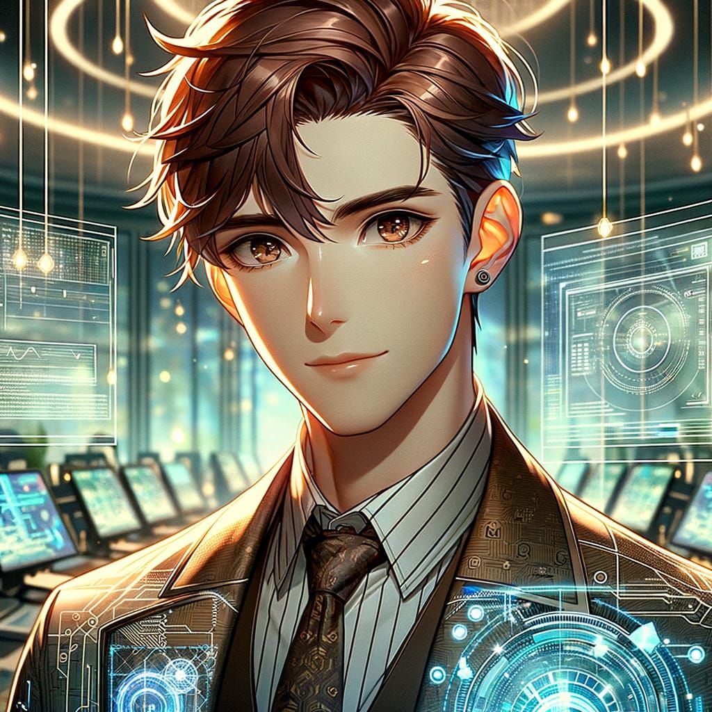 A stunning anime-style masterpiece featuring a young, cute man with a charismatic presence. His hair is tousled yet styl...