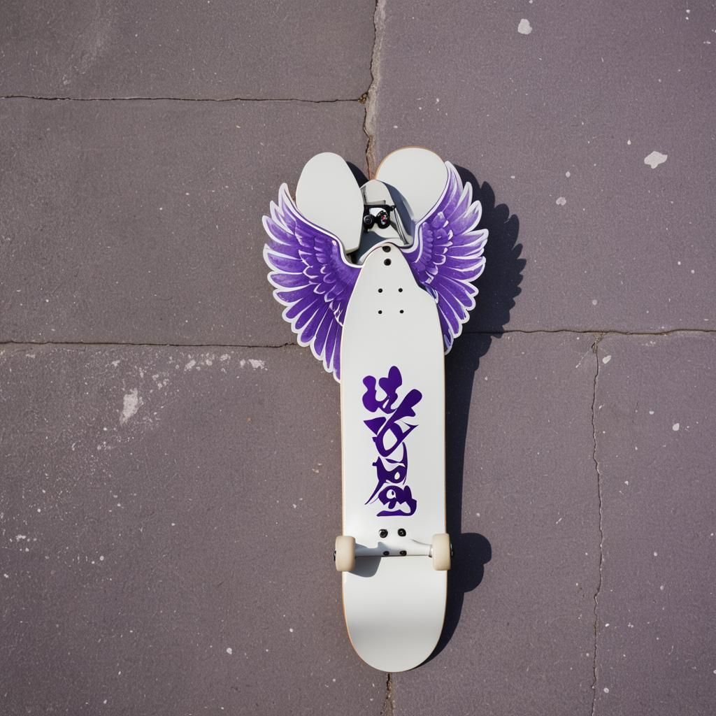 a white skate board with a pic of  purple angel wings on it