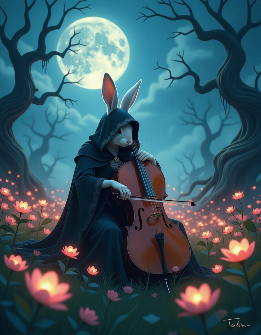 Gothic Rabbit Figure Plays Cello Under Full Moon