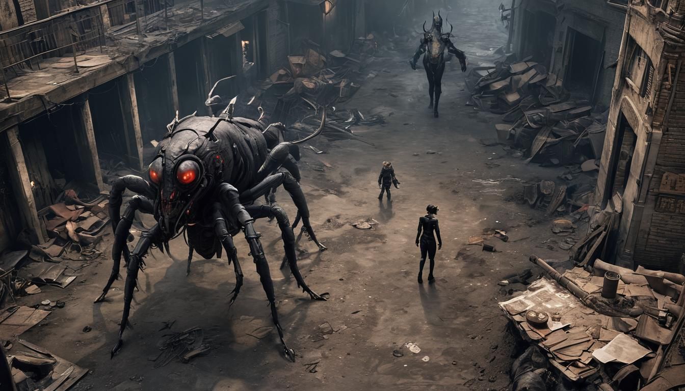 Giant Cyborg Beast Rises from City in Hell, Surrounded by Bu...