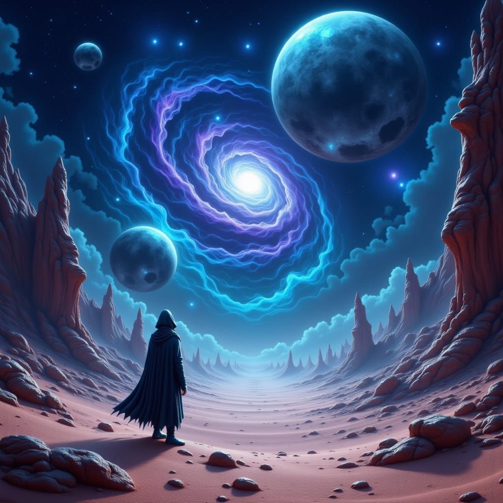 Alien Desert Under Swirling Nebulae Sky