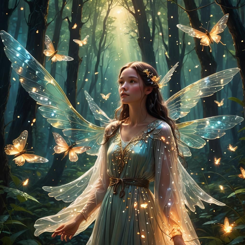 Enchanting Forest Encounter: Angel and Girl in Conversation