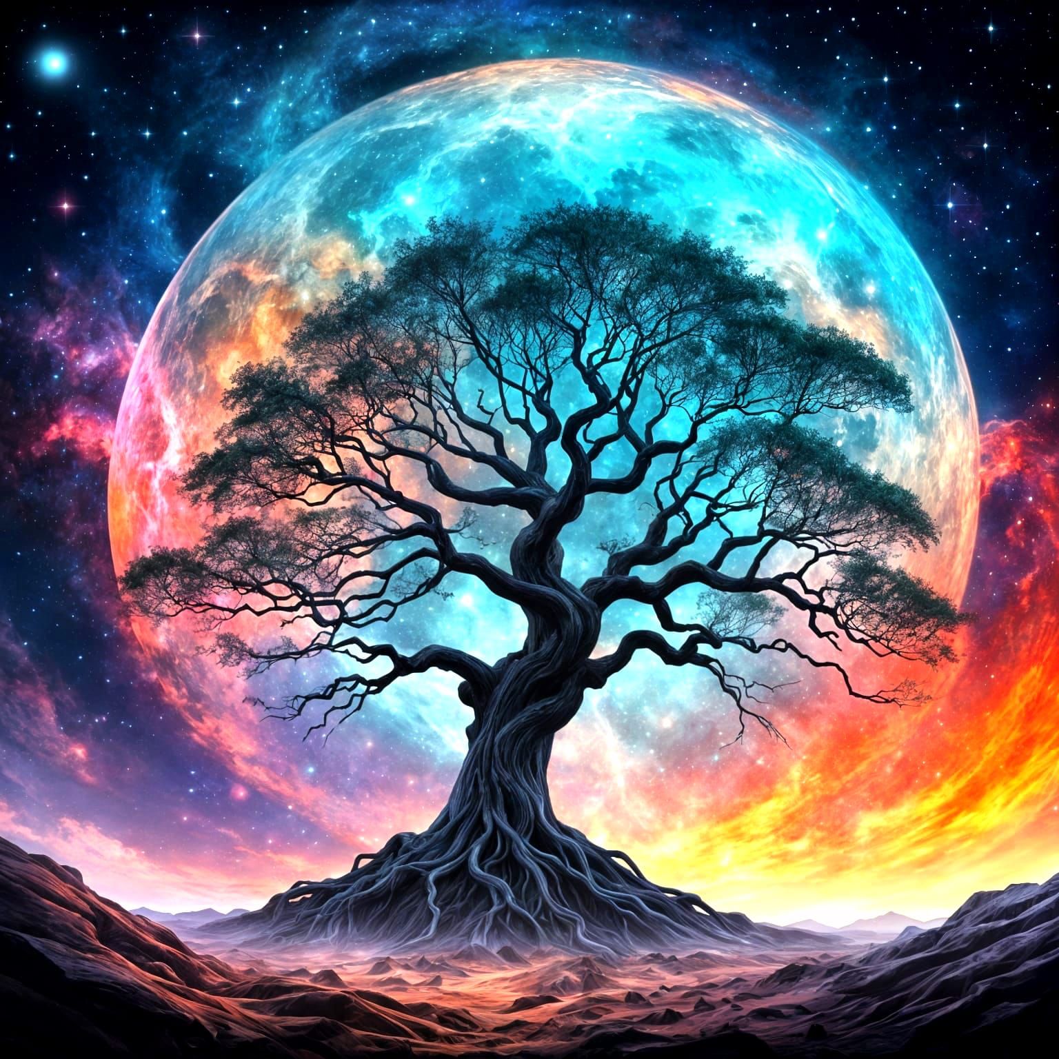 Ancient Tree Meets Cosmic Constellations on Moon