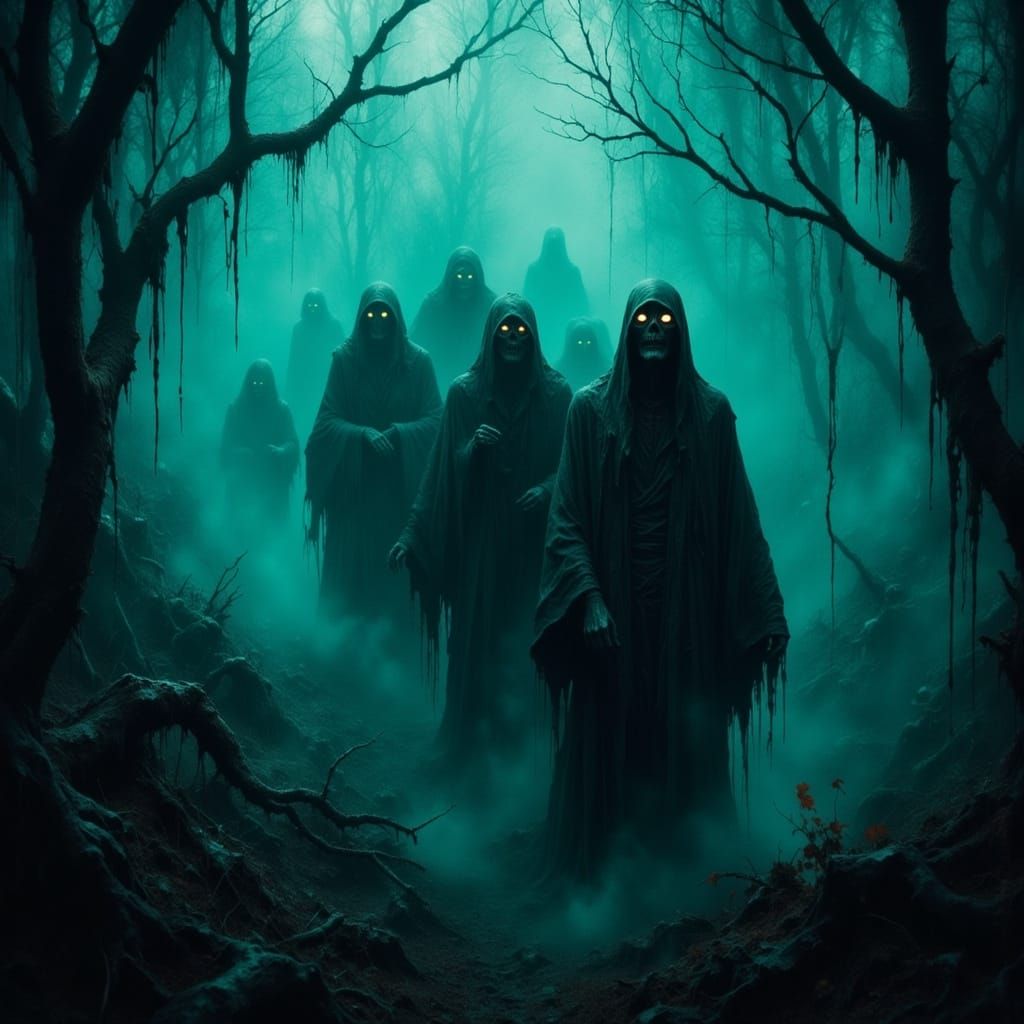 Ethereal Figures Emerge from Haunted Bog in Soft Blue-Green ...