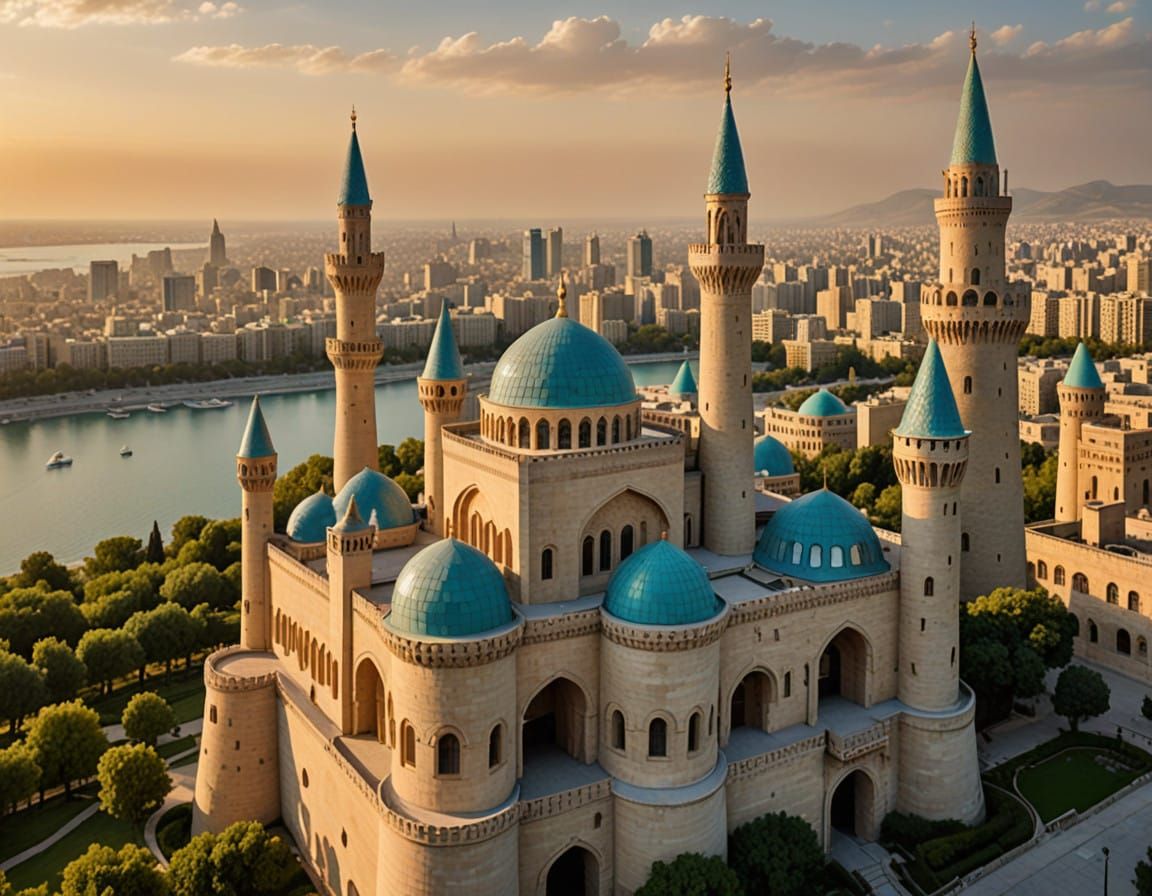 Baku Cityscape with Shirwan Shah Palace and Maiden's Tower,...