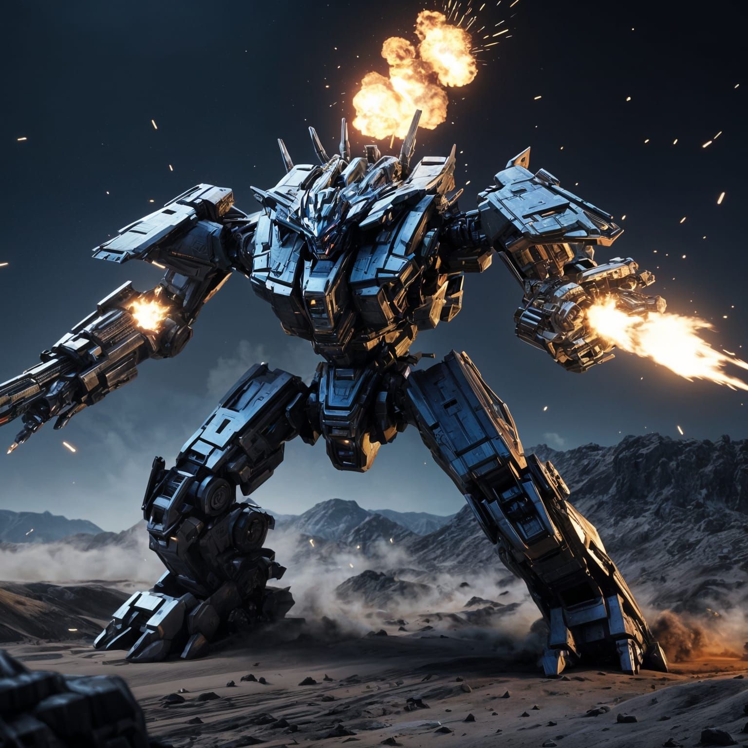 Mechanical Dragon Zoid in Explosive Desert Scene