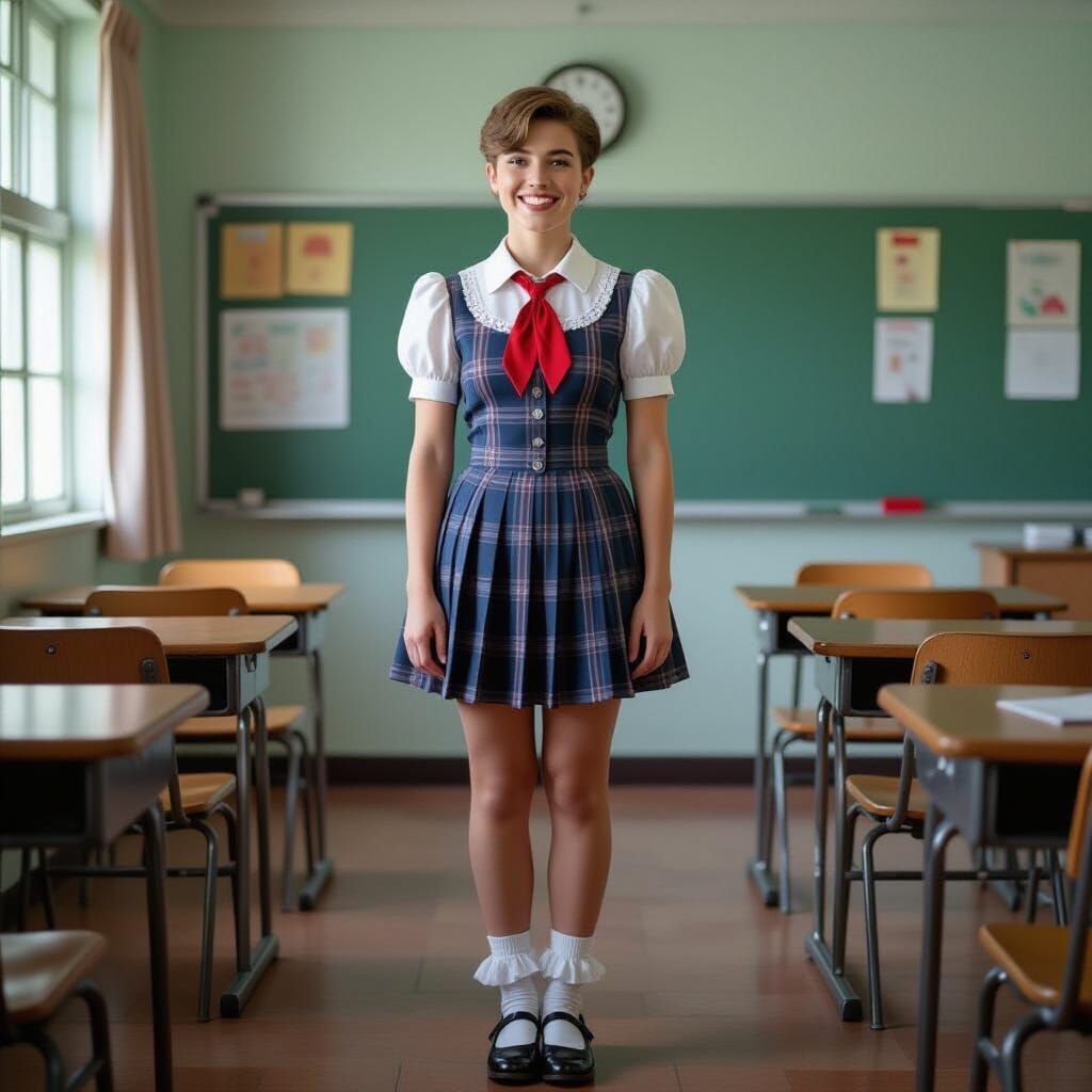 Young Man Crossdressing in Schoolgirl Outfit in Classroom