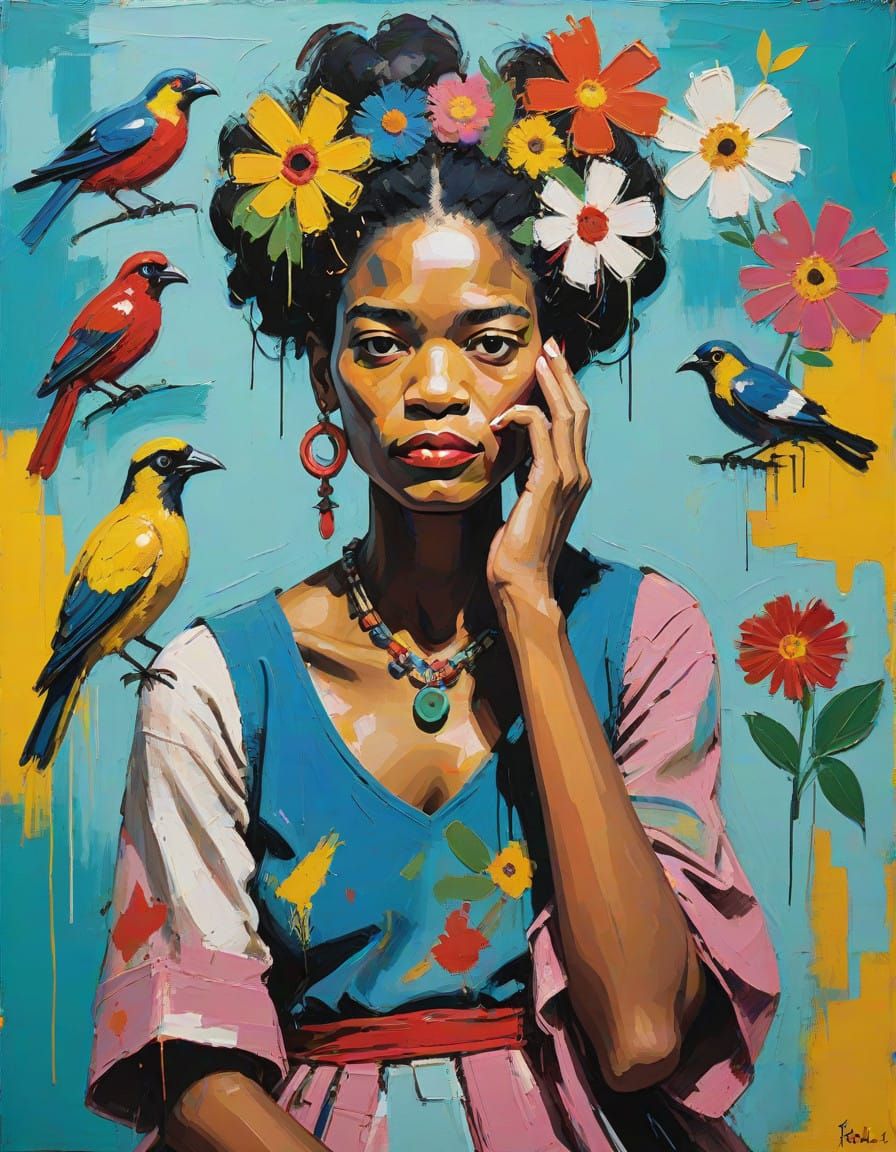 Whimsical Woman with Bird in Dreamy Landscape