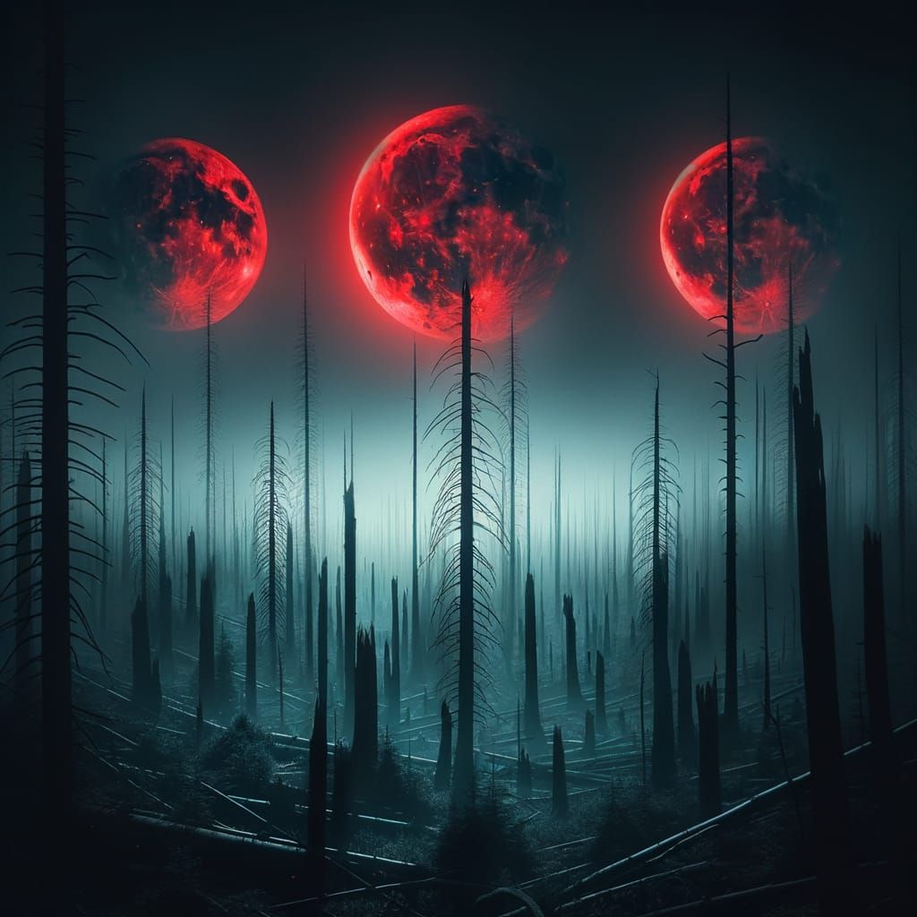 Three Red Moons Over a Mystical Dying Forest