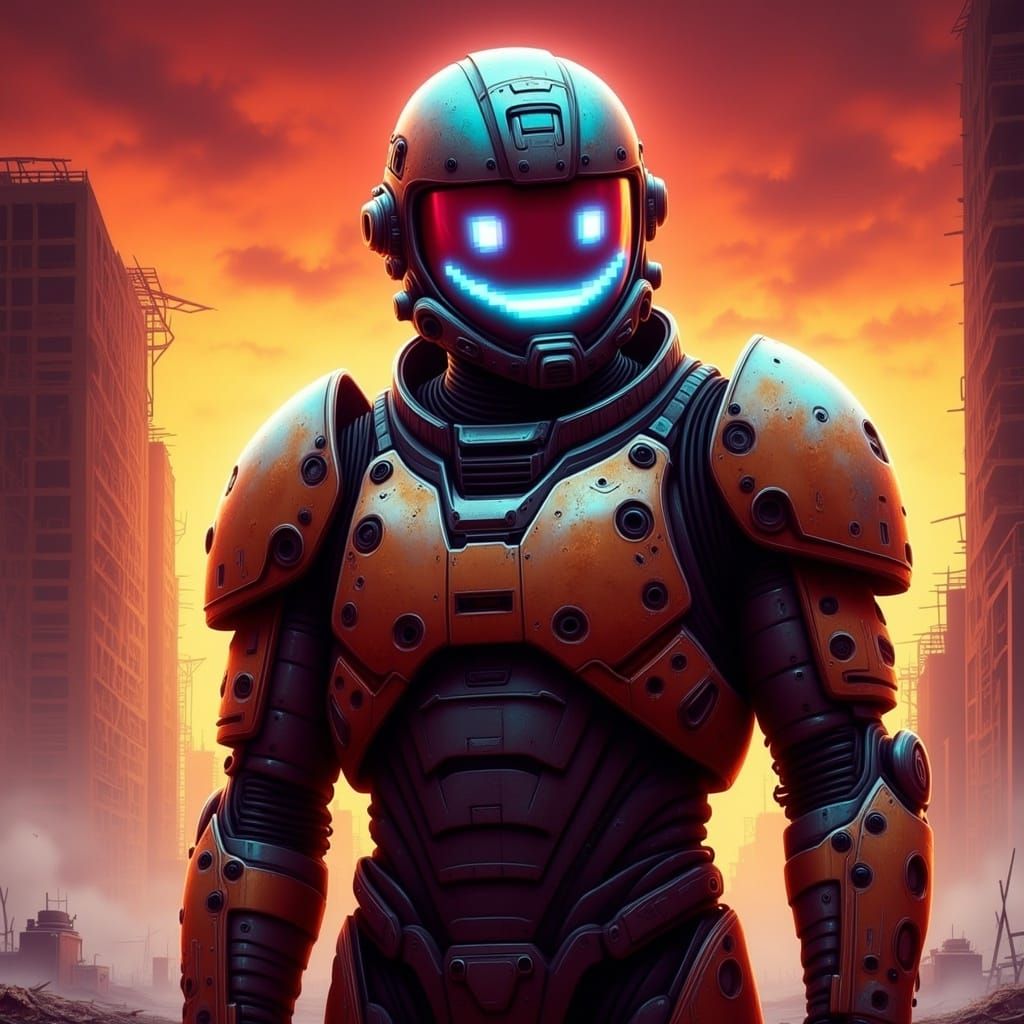 Futuristic Warrior in Cyberpunk Cityscape