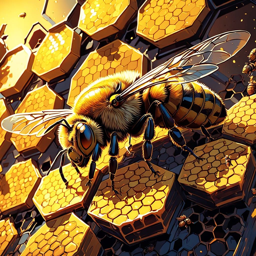 Dramatic Golden-Lit Apiary in Maximalist Digital Style