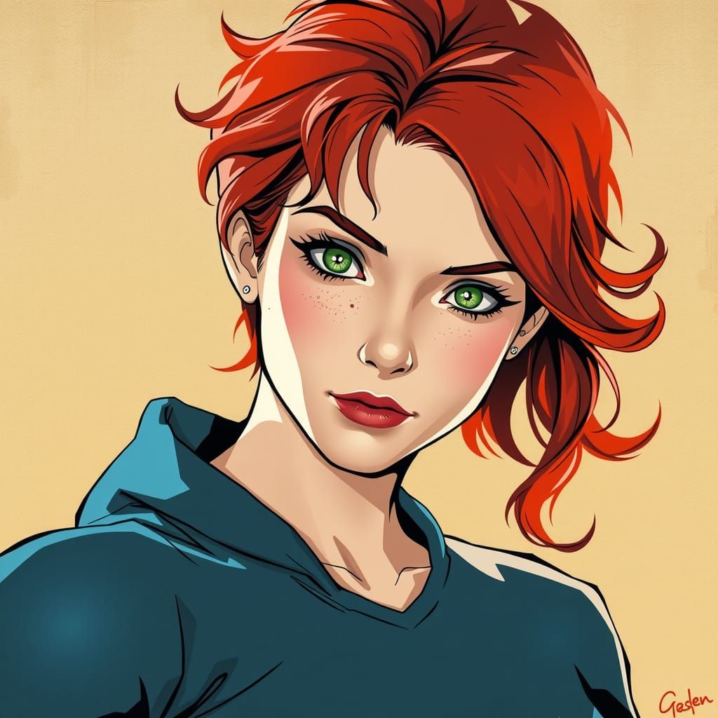 Gwen Tennyson at age 20, red hair, green eyes, in the art st...