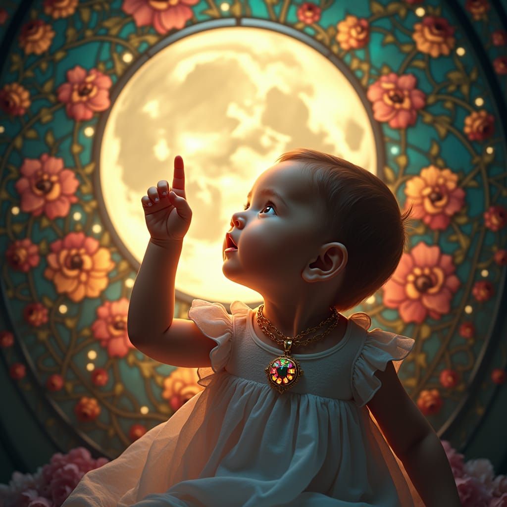 Cosmic Baby Reaching for the Moon in Art Nouveau Style