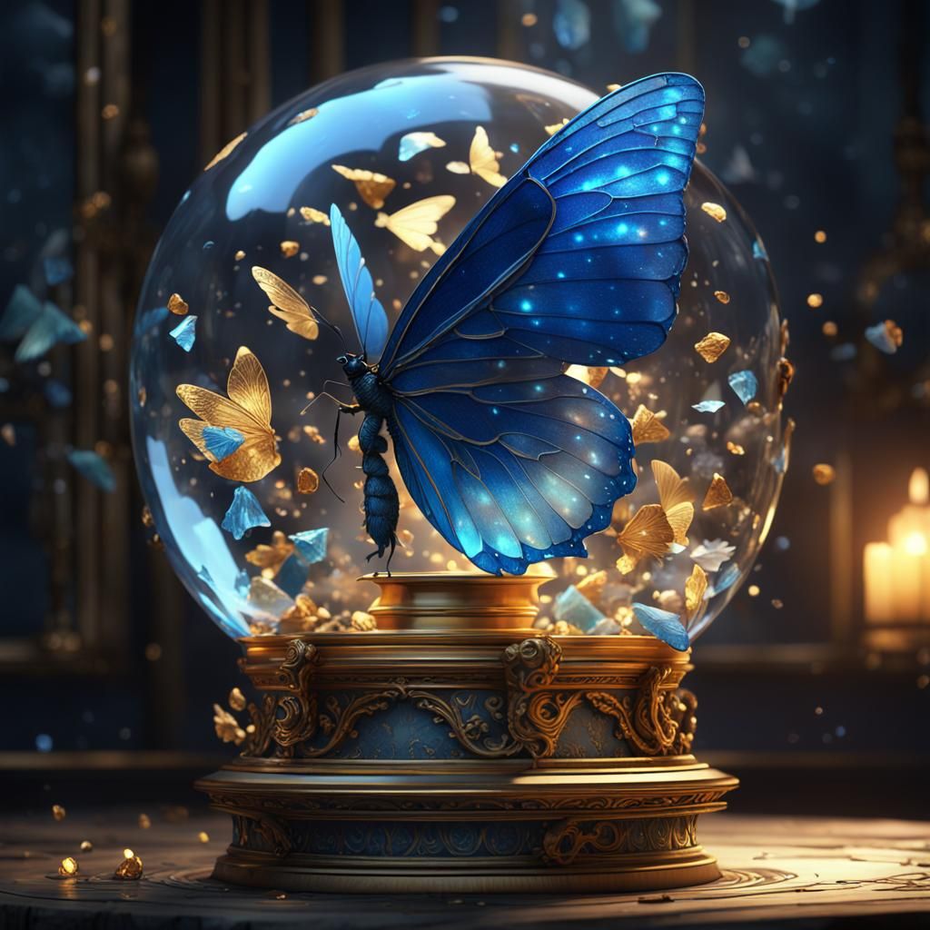 Gilded Lantern Inside Translucent Bubble With Butterfly