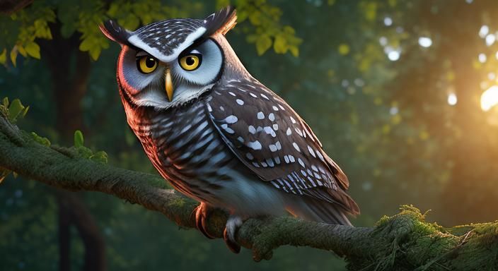 Wise Old Owl in Forest, Disney Pixar Style