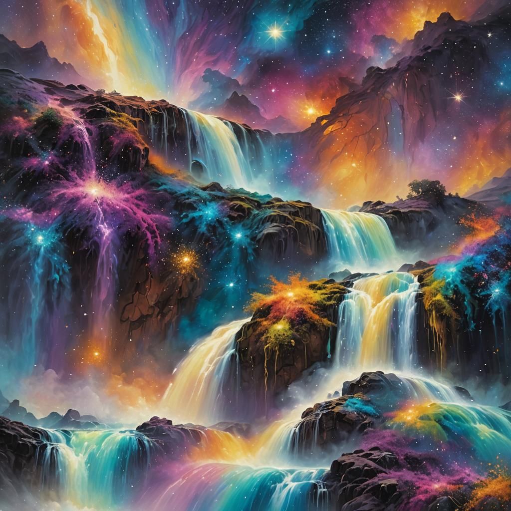 Colorful Cosmic Waterfall Oil Painting