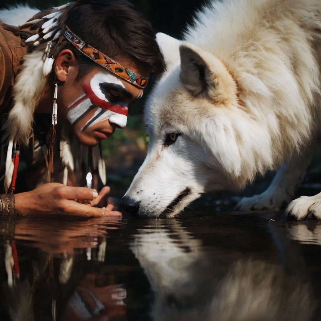 A young Native American man bends over next to a white wolf, both drinking from a stream.