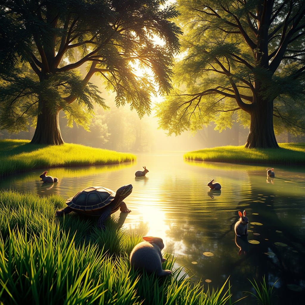 Luminous Pond Scene with Turtle and Playful Wildlife