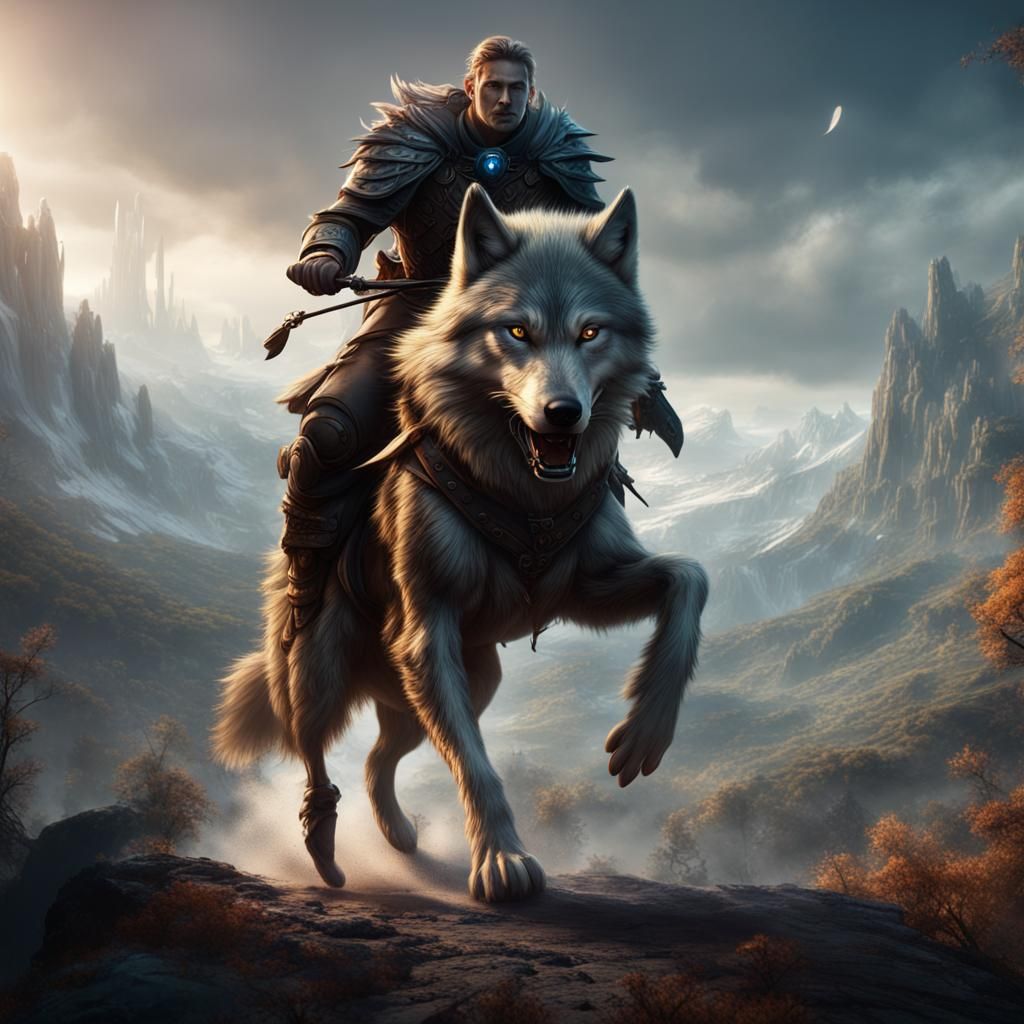 Person Riding Wolf in Detailed Matte Painting
