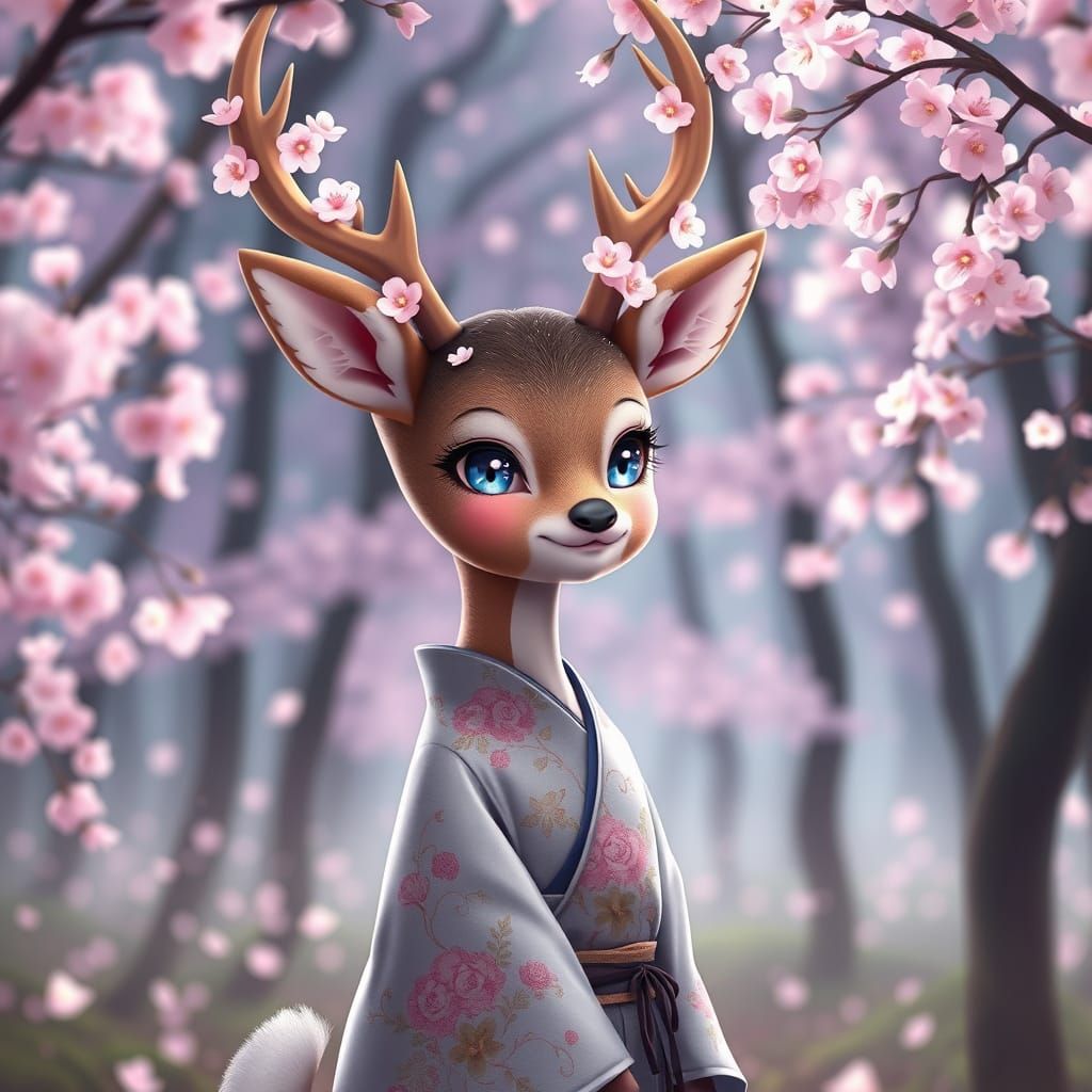 Anime Deer Girl in Cherry Blossom Forest