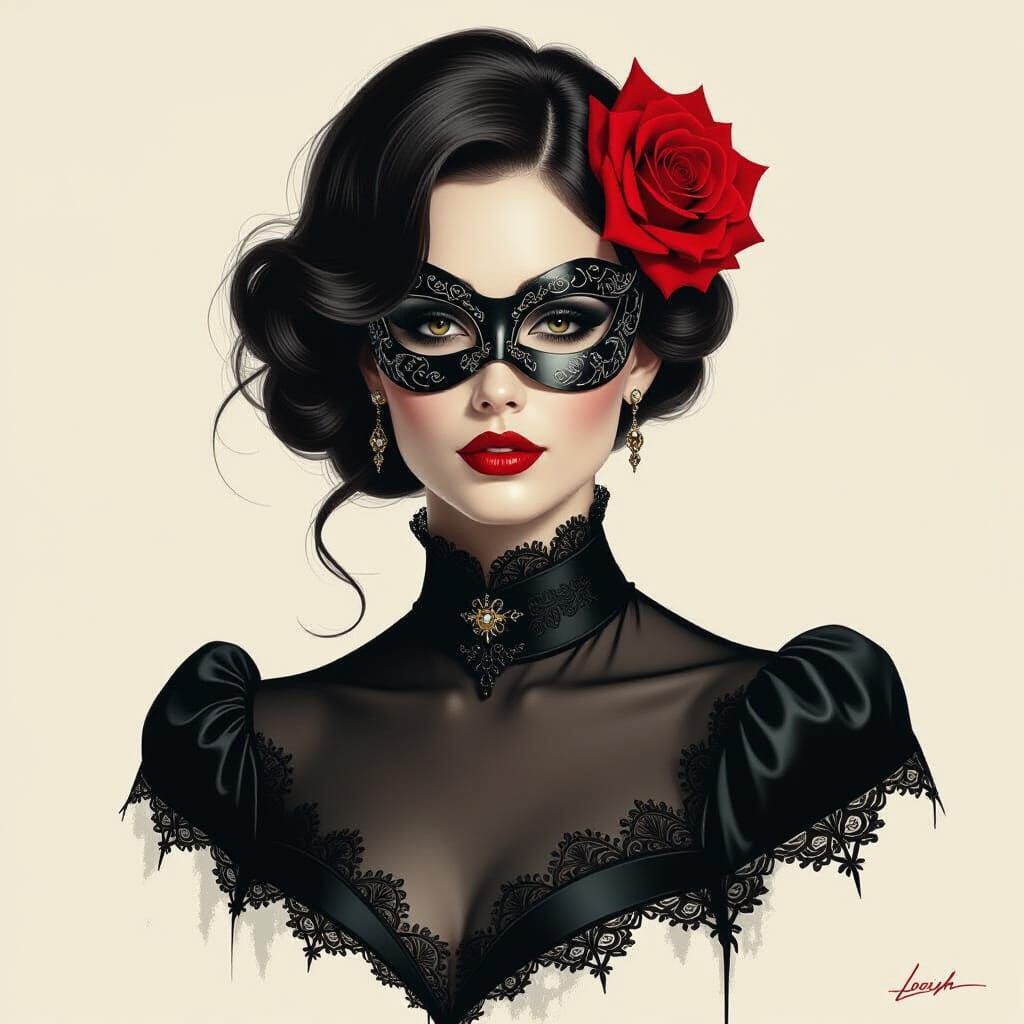 Mysterious Lady in Black Silk with Venetian Mask