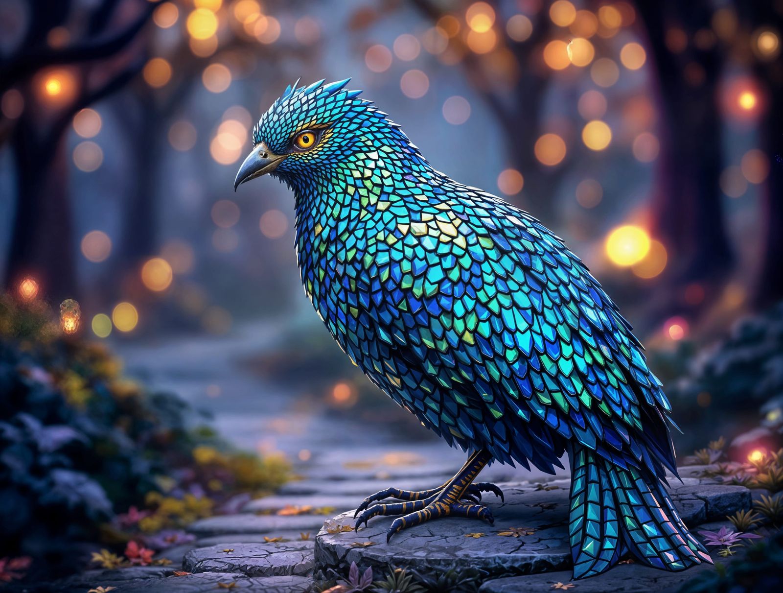 Surreal Bird in Enchanted Forest Scene with Bokeh Lights