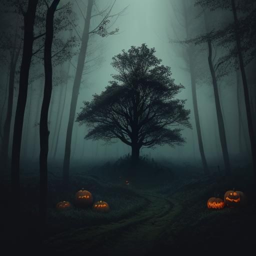 Eerie Forest Clearing with Witches and Glowing Pumpkins
