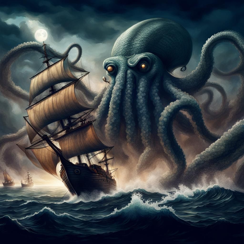 Kraken Attacks Ship at Sea