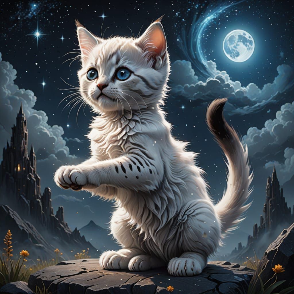 Kitten Reaching for a Star in Oil Painting