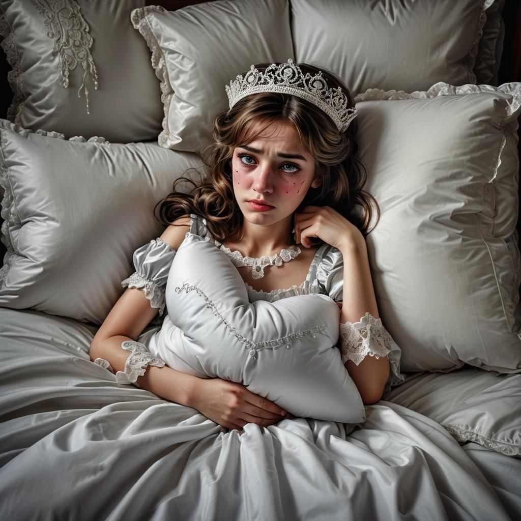 Hyperrealistic Crying Figure Hugging Pillow in Bed