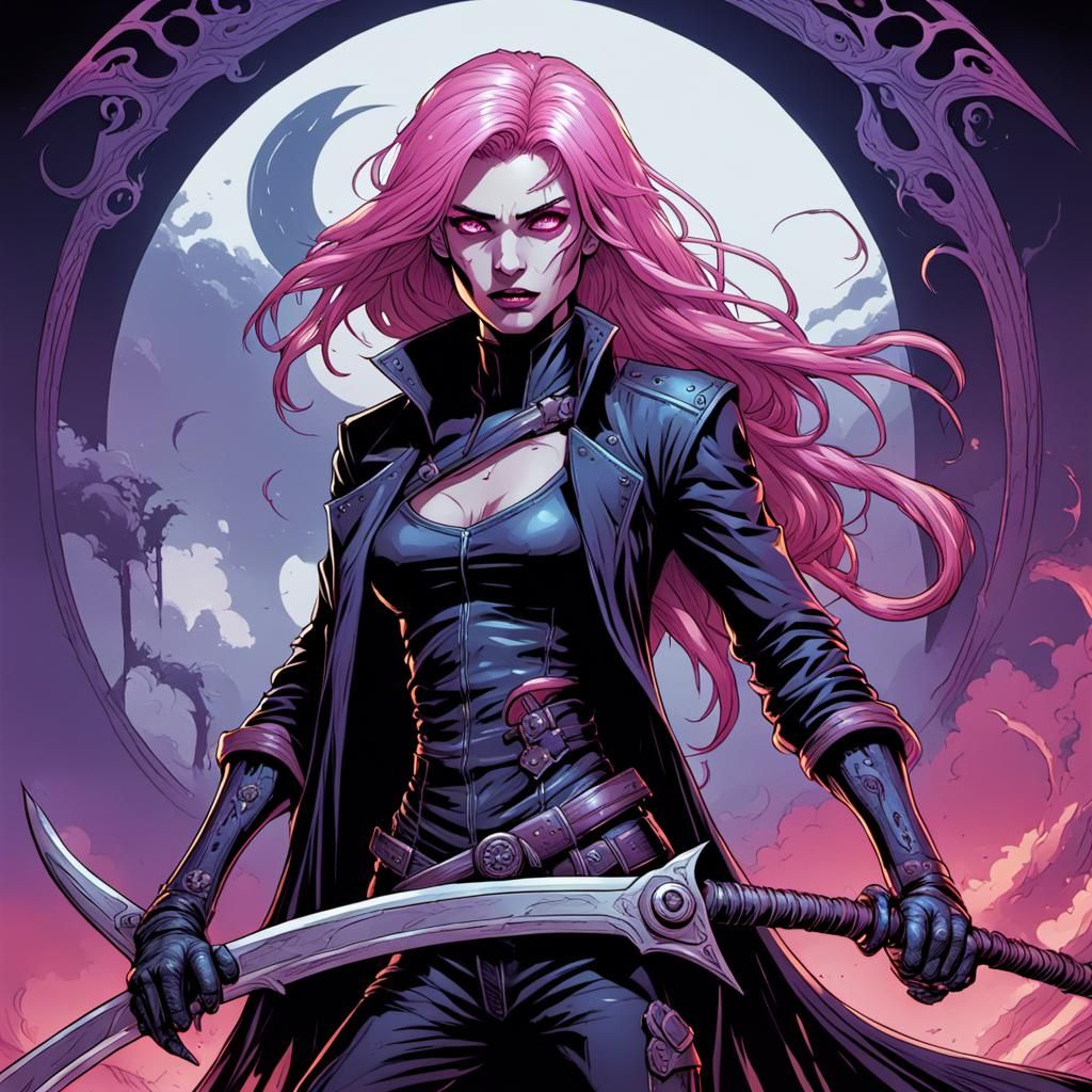 Pink Haired Reaper Posing with Scythe, Comic Art