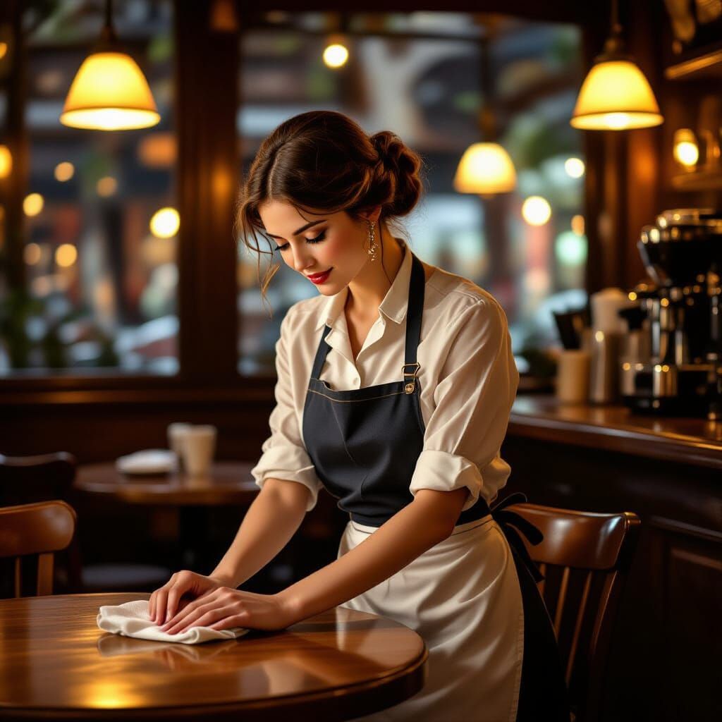 Elegant Woman Cleaning Table in Cafe, Painterly Style