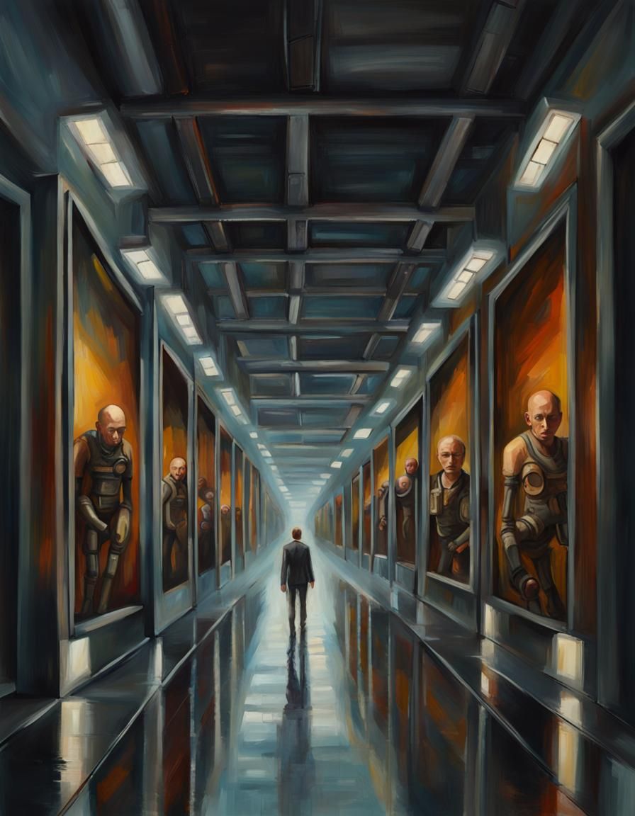 Industrial Hallway with Head-Encasing Machines