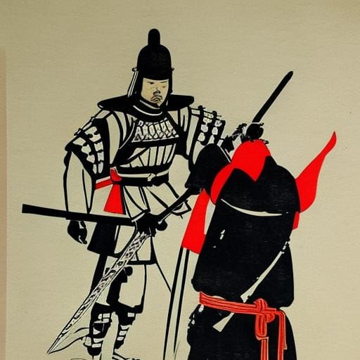 Samurai vs Knight in Sumi-e Style
