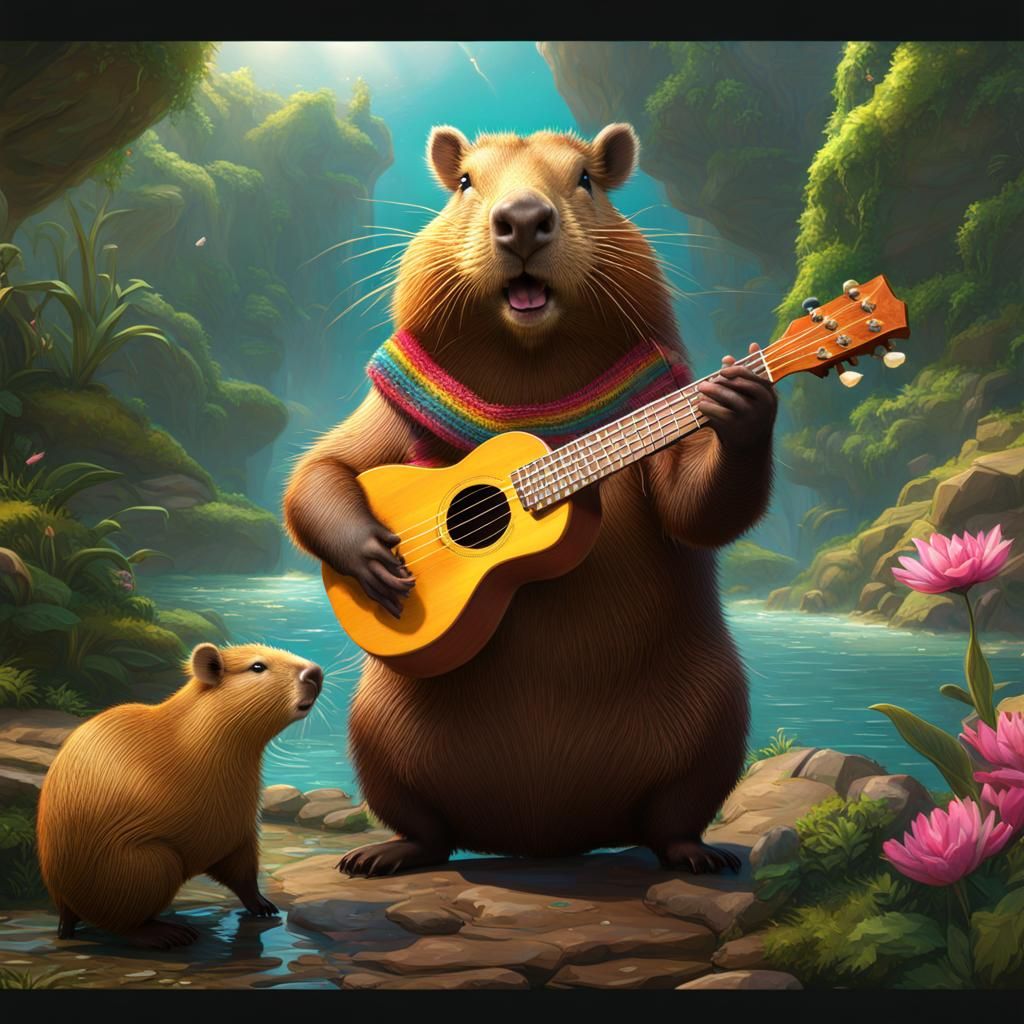 Capybara's Ukulele Serenade: Detailed Matte Painting