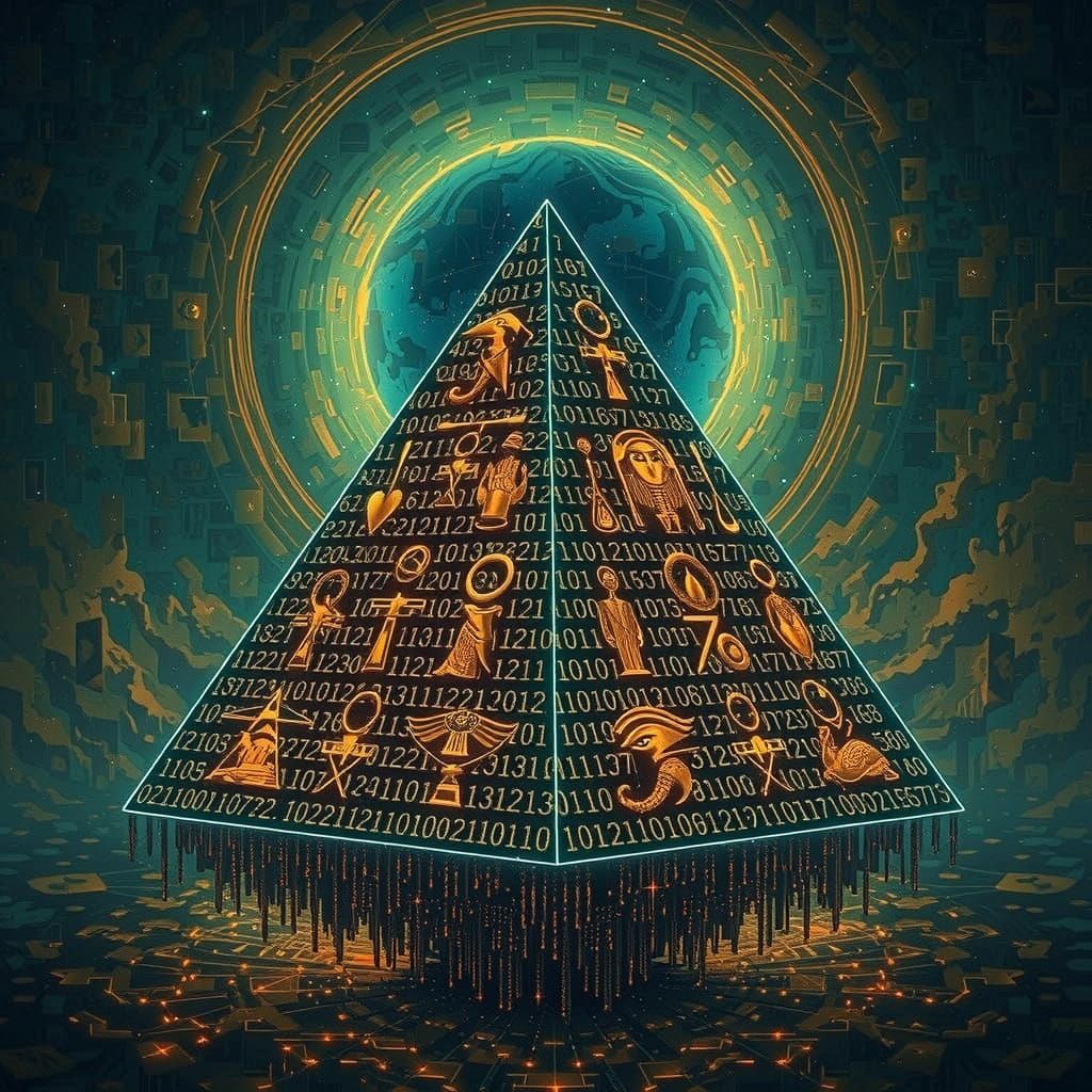 Digital Pyramid in Space with Binary Code and Neon Circuits