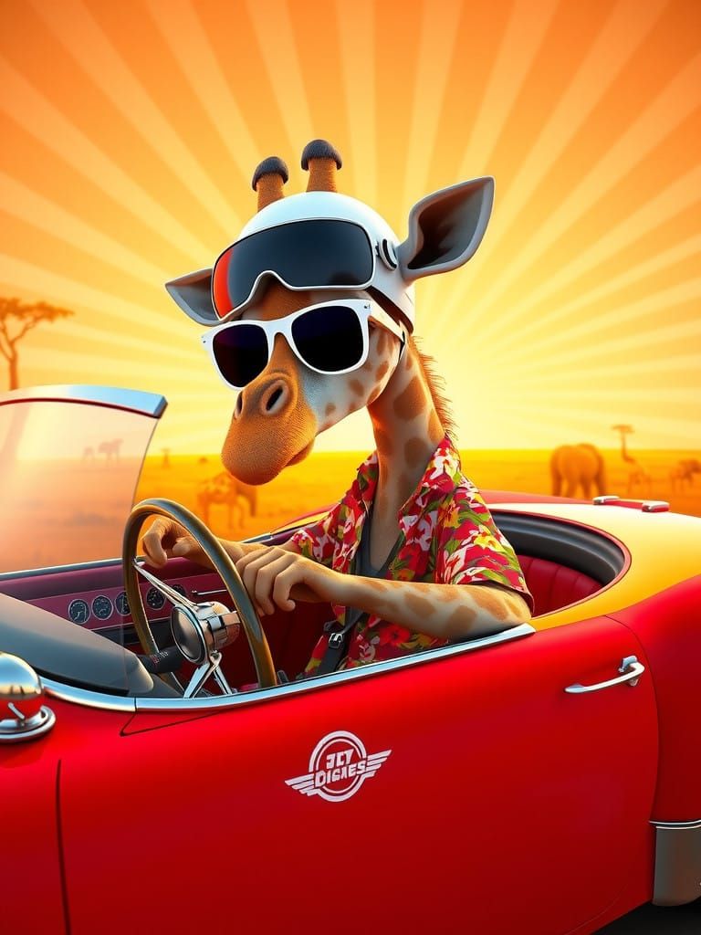 Sleek Convertible Cruises Through Sunny Savannah with Giraff...