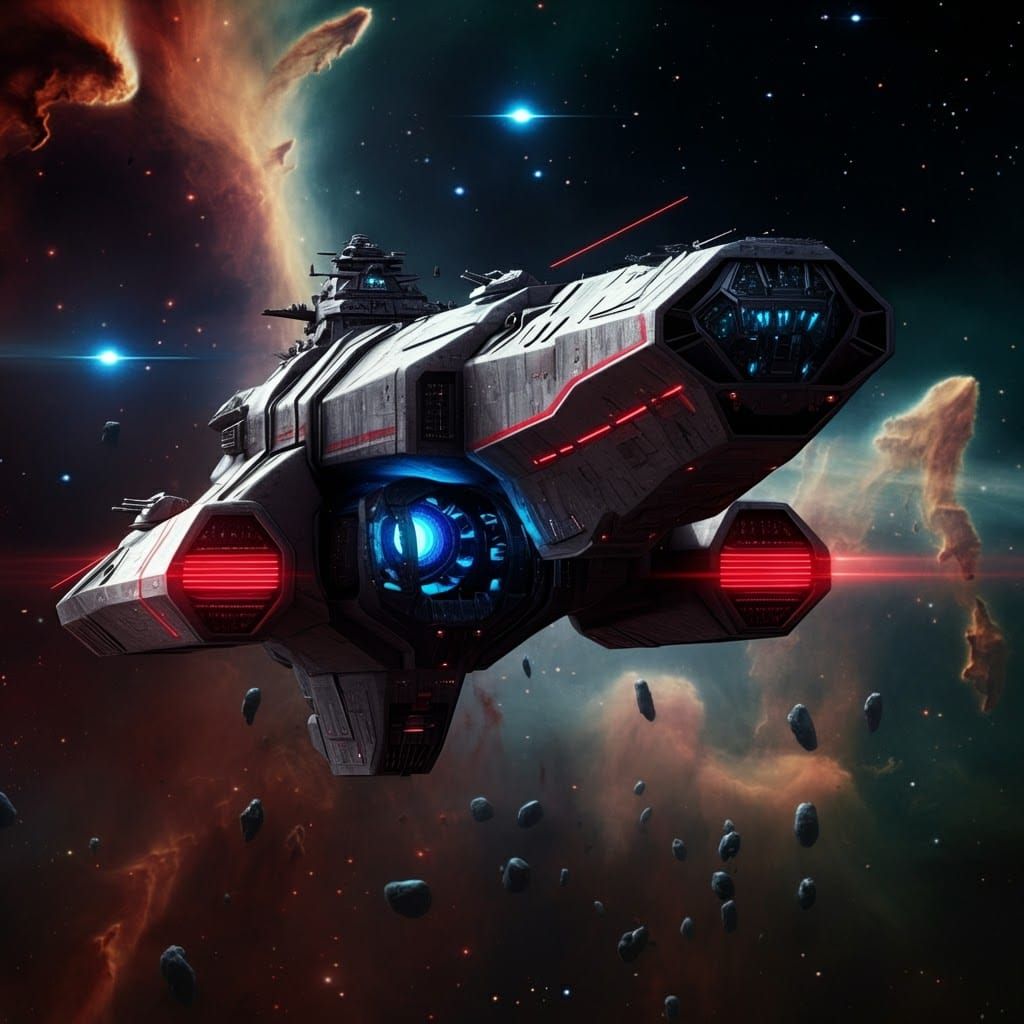 Futuristic Warship in Nebula, Industrial Sci-Fi Concept Art