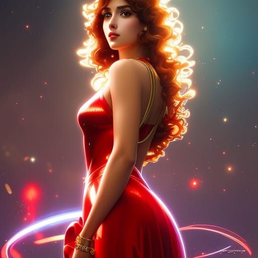 Gorgeous Spanish Woman in Anime Style with Red Dress