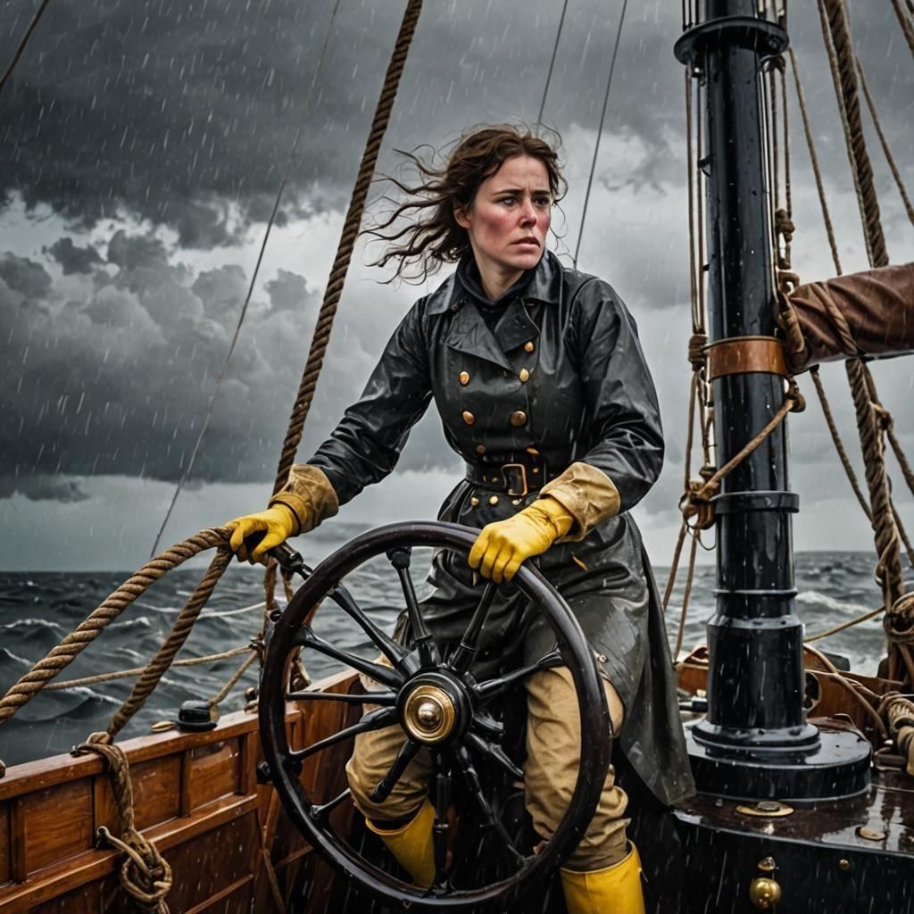 Woman Helms Schooner During Storm