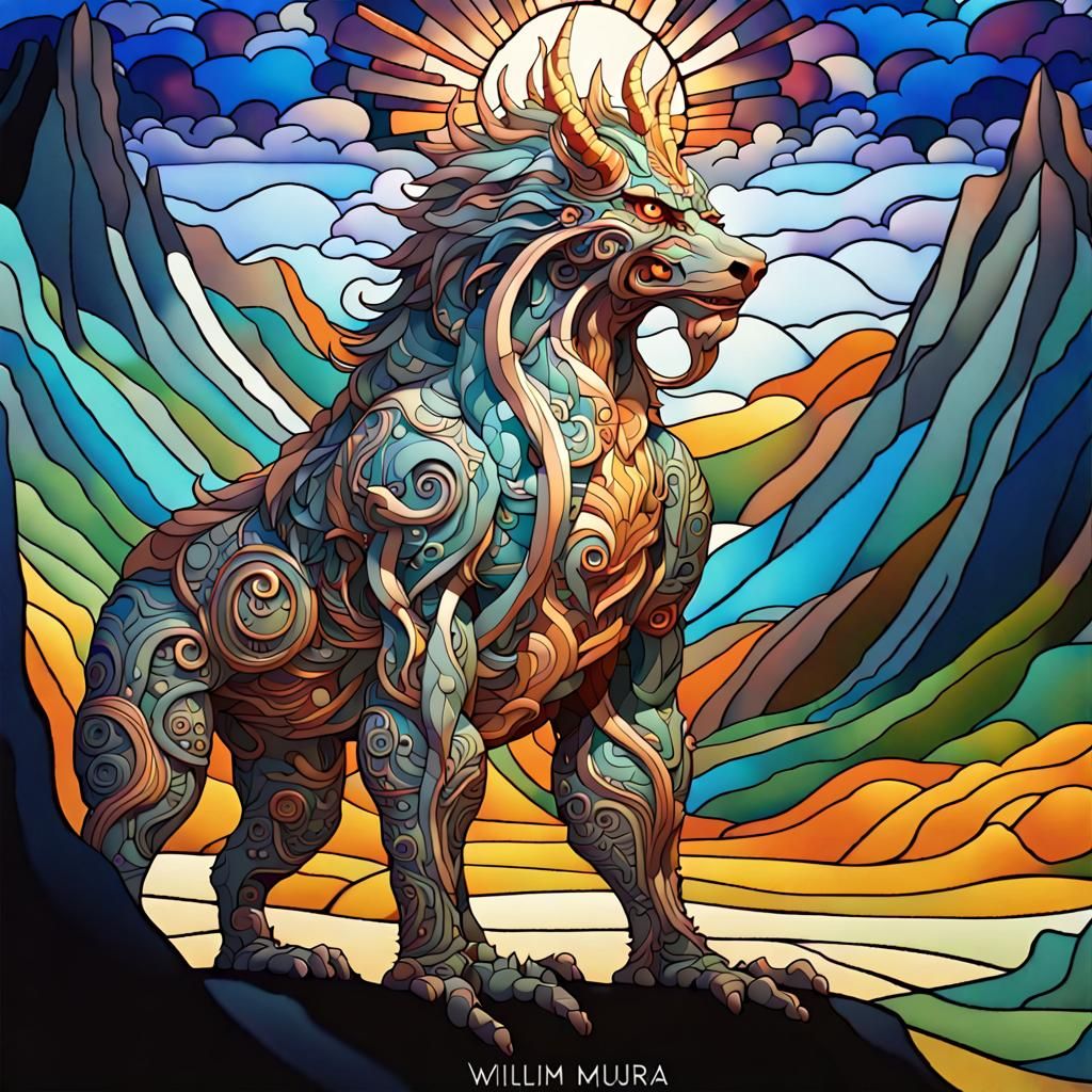 Majestic Hill-Folk Beast Spirit in Stained Glass Style
